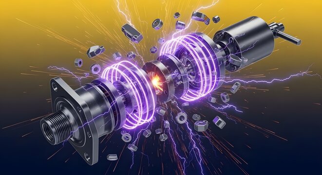 Exploded view of an electric motor with glowing purple energy coils and sparks on a yellow backdrop.