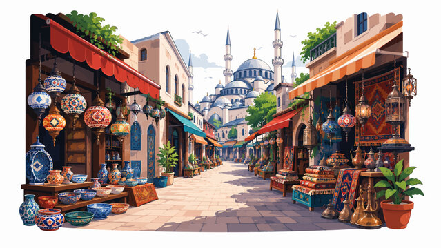 A vibrant Turkish bazaar with colorful lanterns, carpets, and ceramics displayed outside shops, leading to a magnificent blue mosque in the background