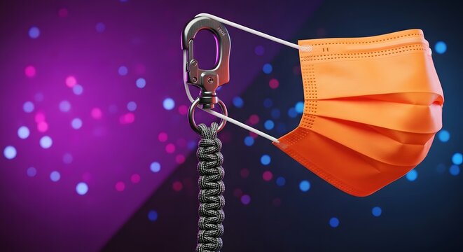 Orange surgical face mask hanging on a steel carabiner with lanyard on purple bokeh background light