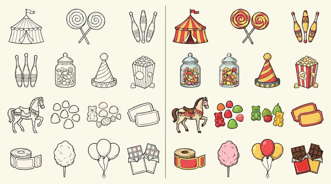 Collection of colorful cartoon circus and carnival icons, including a tent, candy, popcorn, and balloons.