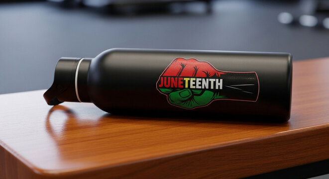 A black water bottle with a Juneteenth logo is placed on a wooden surface.