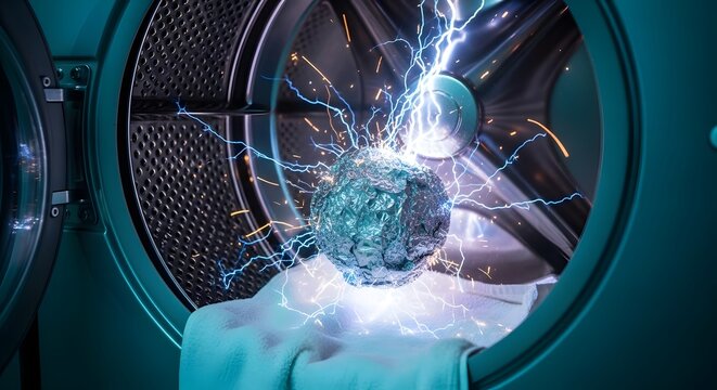 Bright blue electric sparks discharge from crumpled foil inside a dark metallic washing machine drum
