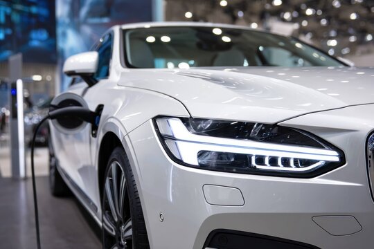 Electric car charging at station with close up on front headlight and side mirror in showroom. Modern vehicle with eco friendly technology and clean energy concept display.