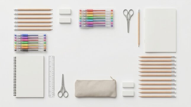 Flat lay of new school supplies on white background