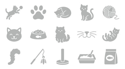 Collection of cat-related icons and symbols, including playful cats, food, toys, and litter box. © yuanita