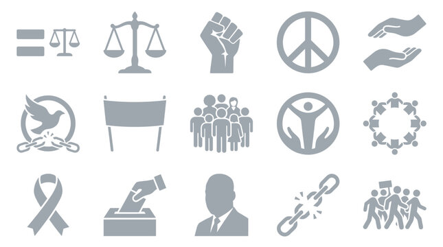 Collection of icons representing social justice, human rights, and activism concepts.
