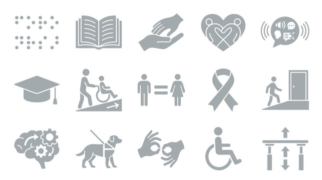 Collection of icons representing accessibility, inclusion, and support for people with disabilities.