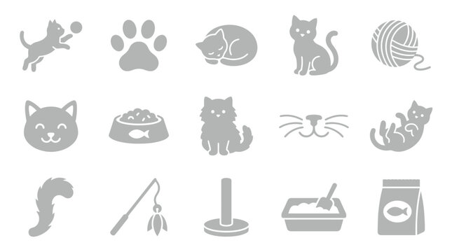 Collection of cat-related icons and symbols, including playful cats, food, toys, and litter box.