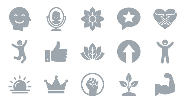 Collection of positive icons representing self-esteem, success, and personal growth.