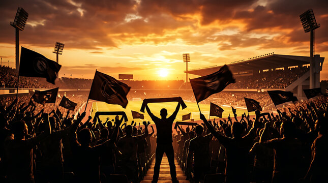 Dramatic sunset illuminates a packed stadium as devoted sports fans passionately cheer, waving flags and scarves in a thrilling display of collective excitement and unity