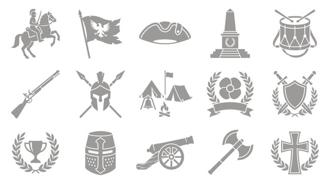 Collection of historical military and heraldic symbols in gray silhouette.