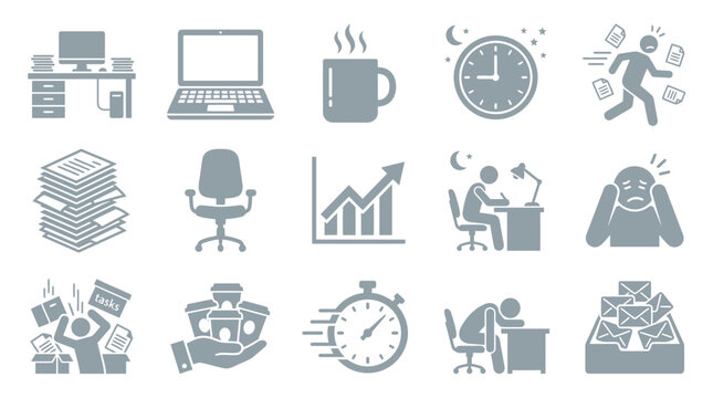 Collection of icons representing office work, stress, and deadlines, including computers, paperwork, and time management.