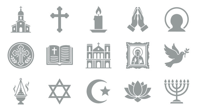 Collection of religious symbols and icons representing various faiths and beliefs, including Christianity, Judaism, Islam, and Buddhism.