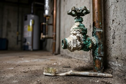 Close-up of plumbing valve with thick calcium scale and an old toothbrush on the floor