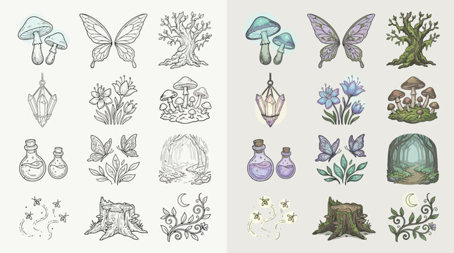 Collection of whimsical fantasy elements including mushrooms, fairy wings, magical potions, and enchanted forest scenes.