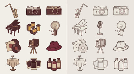 Collection of vintage icons representing music, photography, and entertainment from a bygone era. © renender