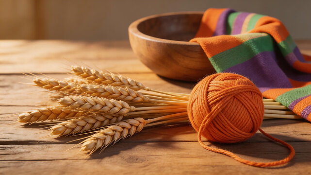 Wheat ears yarn bowl and cloth symbolizing conceptual art and dynamic energy
