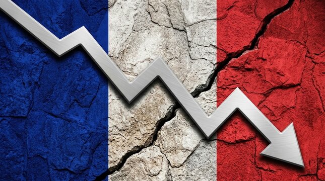 France economy crisis recession flag decline crash representing the financial downturn and national instability on a cracked stone surface with a downward arrow chart.