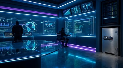 Fototapeta premium A high-tech security operations center with multiple screens displaying global data and a large vault door.