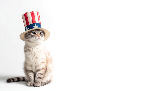 Cute funny cat wearing patriotic american hat peeking isolated on white background
Category: Animals
