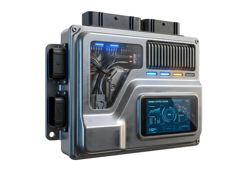 Advanced marine ECU control module, futuristic industrial electronics system, brushed titanium engineering casing