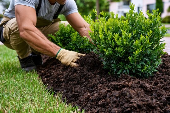 Professional landscaper spreading dark organic mulch around garden shrubs with sharp focus and natural lighting for landscaping services marketing