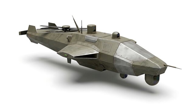 A detailed 3D render of a futuristic, stealthy unmanned surface vessel (USV) with angular design and various sensors.