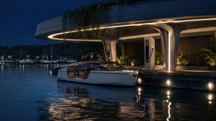 Fototapeta premium Modern waterfront house with illuminated dock and luxury boat at dusk