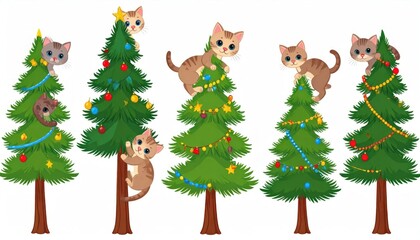 Naklejka premium Playful Cartoon Cat Climbing Decorated Christmas Tree on White Background