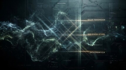 Obraz premium Abstract dark background with glowing digital smoke and futuristic data lines, representing advanced technology and complex systems.