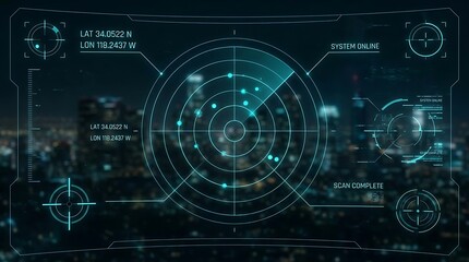 Fototapeta premium A futuristic digital radar interface displaying scan results over a dark cityscape at night, with glowing targets and system information.