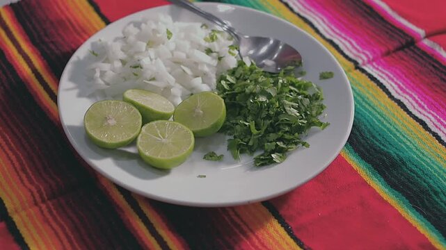 Plato blanco con limones cortados cebolla y cilantro picados sobre una mesa con mantel de colores para complementar comida Mexicana. Comn angulo de vista lateral