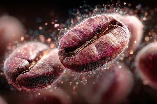 Vibrant coffee beans float in air with sparkling particles around them indoors.