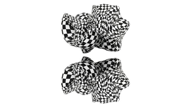 3D organic shapes with black and white checkerboard pattern.