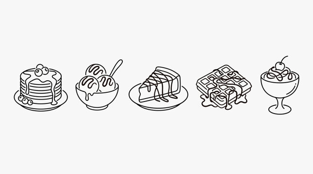 Collection of hand drawn delicious dessert icons in outline style.