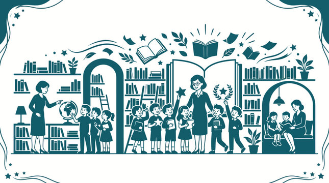 A dedicated teacher guiding young children through the magical world of reading in a library.