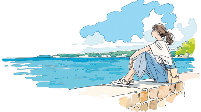 海岸で座って休む女性とバッグを描いた、ナチュラルな線画と水彩表現のイラスト作品、旅行や休日のリラックスした空気が伝わる素材、海景色、旅情、水彩イラスト、手描き、女性、女の子、海、海辺、海岸、夏、夏休み、旅、旅行、観光、リゾート、帽子、ワンピース、バッグ、サンダル、後ろ姿、横顔、ひとり時間、休日、癒やし、風景、余白、シンプル、かわいい、上品、背景、挿絵、広告、ブログ、ポスター、ストック素材、商用利用