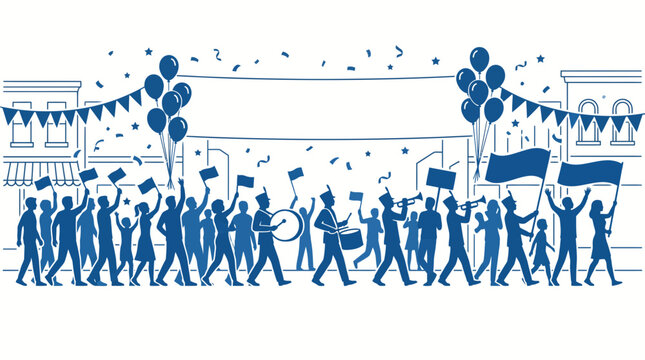A festive crowd of people celebrating during a lively parade illustration.