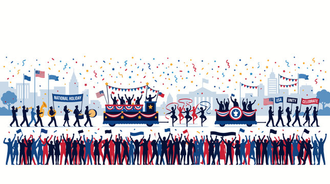 A festive patriotic parade with crowds and floats.