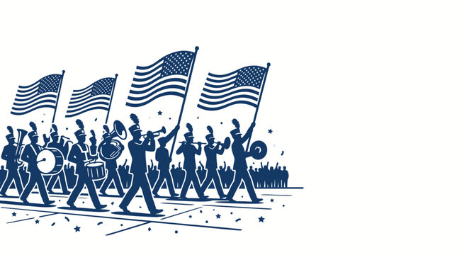 American patriotic marching band performing with flags.