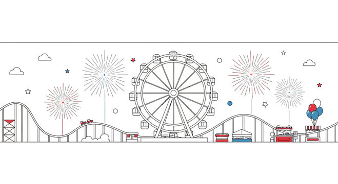 Amusement park illustration with ferris wheel and roller coaster.