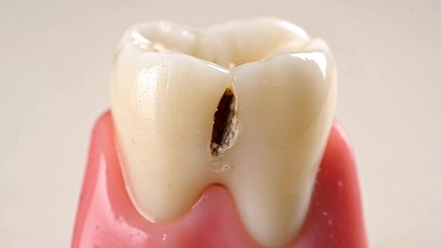 Anatomical plastic model of human tooth with large black decay cavity