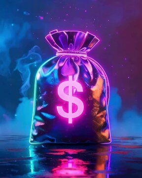 A glowing neon money bag with a dollar sign is set against a smoky, colorful background, creating a futuristic and vibrant financial symbol. light video	
