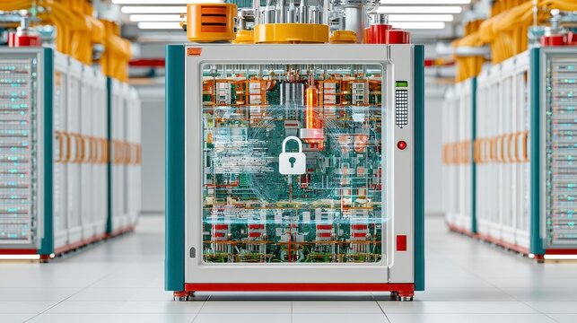 Quantum computing data center secure processor server room digital lock glass cabinet advanced technology data security cooling system futuristic machine network hardware