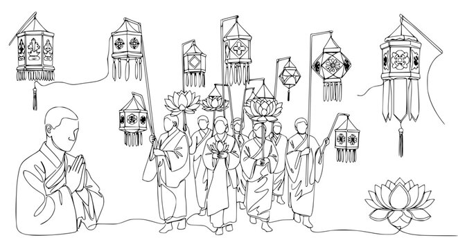 Buddhist Procession with Lanterns and Lotuses, Monks Praying, Religious Ceremony, Line Art
