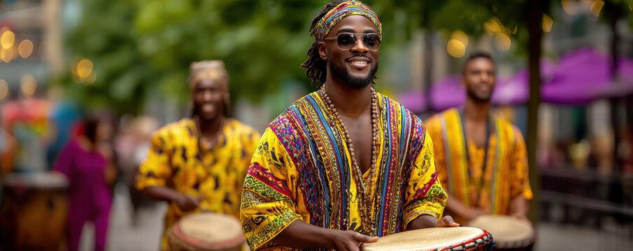 Colorful clothing African drummer street festival smiling man traditional music juneteenth celebration