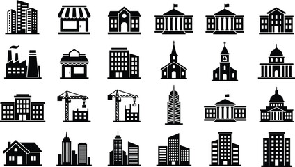 Black Solid City And Architecture Icons Set With Buildings Church Factory Store Crane Capitol And Urban Structures Vector Collection © kolpona