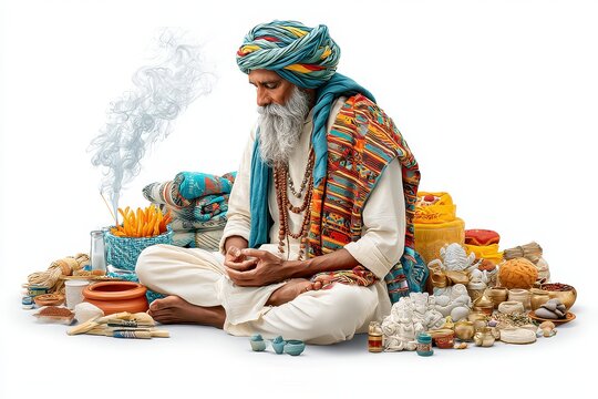 Meditation sage incense sacred ritual spiritual elder turban beard robe