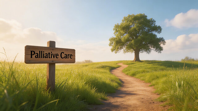 Pathway with palliative care sign emphasizing environmental sustainability and eco-tourism
