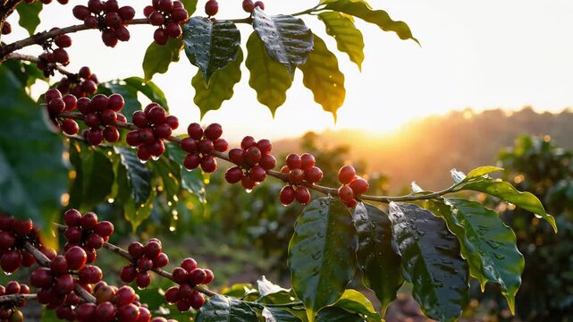 Sunrise Over Coffee Plantation with Ripe Red Coffee Cherries